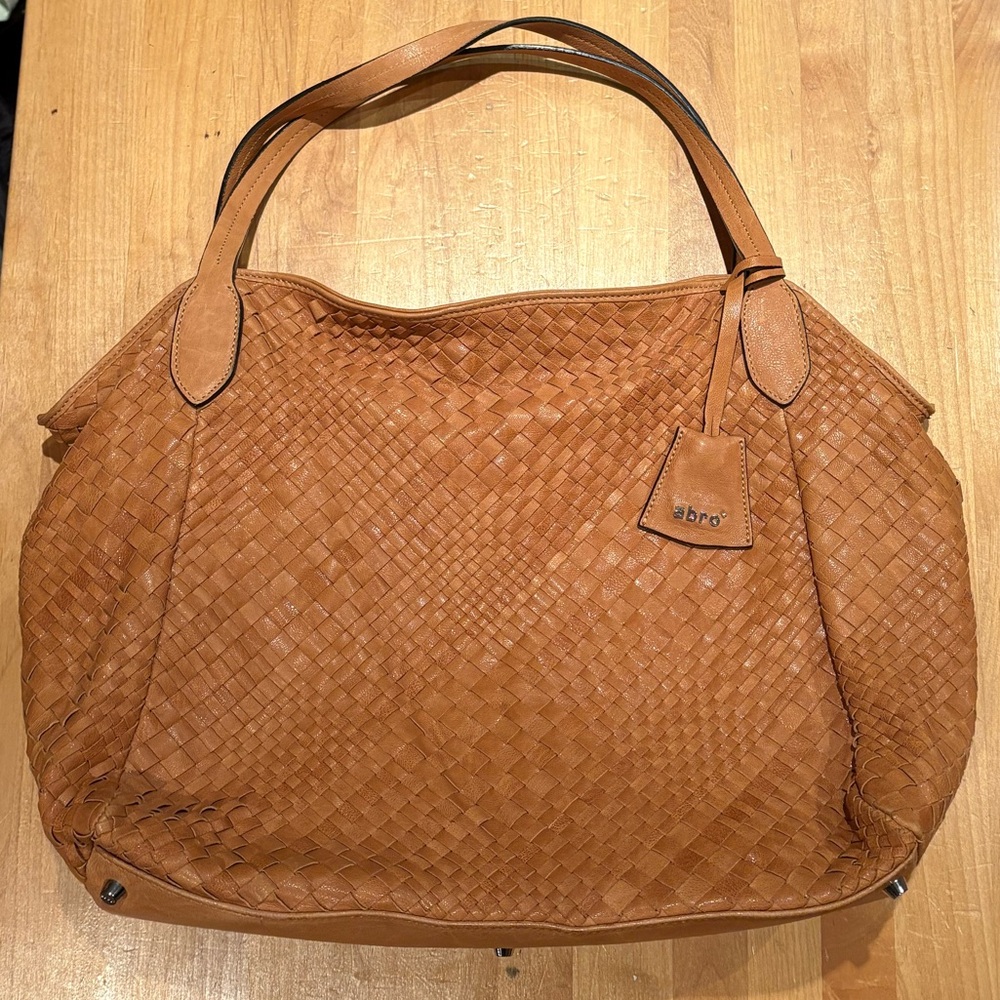 Tan Leather Shoulder Bag with Woven Texture
